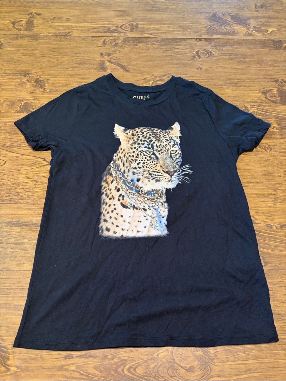 Guess Black Tee with Leopard Graphic